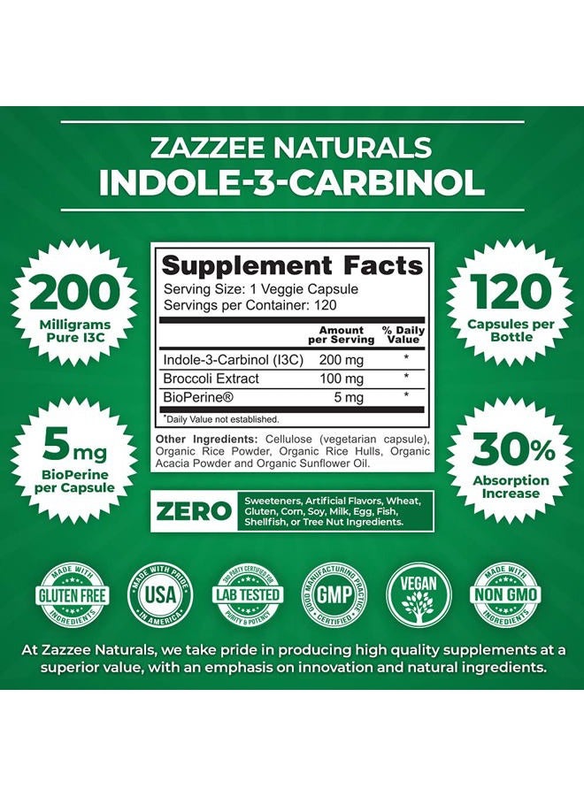 Zazzee High Absorption Indole-3-Carbinol (I3C), 200 mg per Capsule, 120 Vegan Capsules, 4 Month Supply, 5 mg BioPerine for Enhanced Absorption, 100% Vegetarian, All-Natural and Non-GMO - Image 2