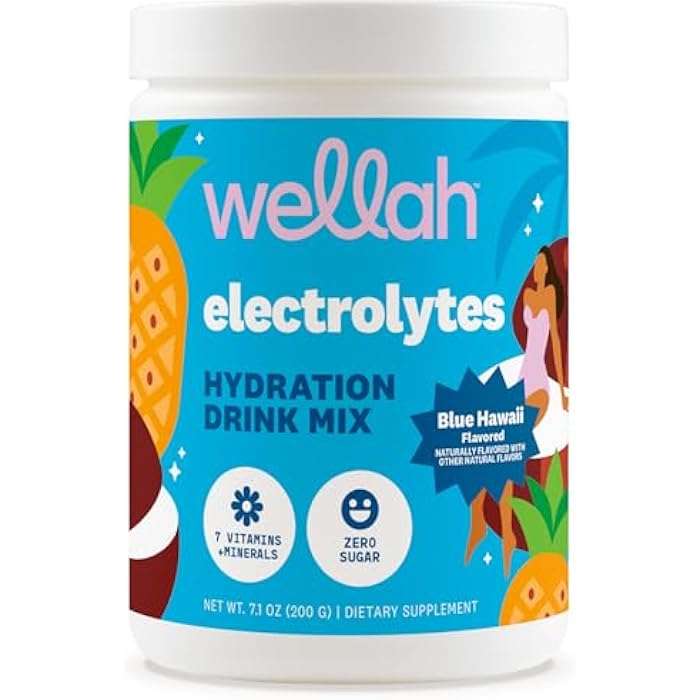 Wellah Electrolytes Powder (Blue Hawaii) 50 Servings - Hydration Drink Mix, 7 Vitamins & Minerals, Zero Sugar - Image 1