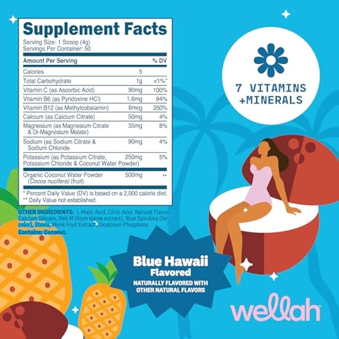 Wellah Electrolytes Powder (Blue Hawaii) 50 Servings - Hydration Drink Mix, 7 Vitamins & Minerals, Zero Sugar - Image 2