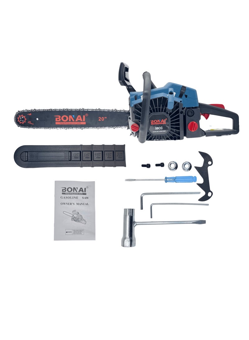 BONAI 58CC Gasoline Chainsaw, 20-Inch Bar, 2.4kW 2-Stroke Engine, Easy Start, Low Kickback, Heavy Duty Petrol Chainsaw for Tree Cutting, Firewood & Logging - Image 1