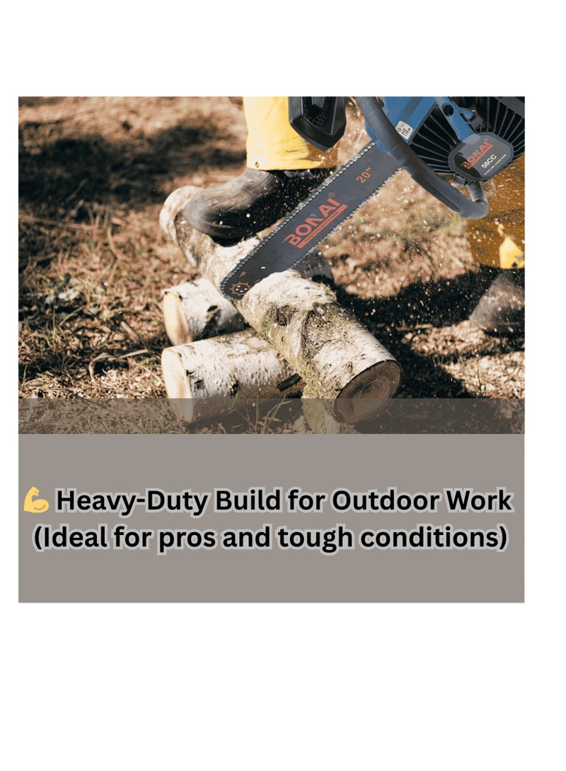 BONAI 58CC Gasoline Chainsaw, 20-Inch Bar, 2.4kW 2-Stroke Engine, Easy Start, Low Kickback, Heavy Duty Petrol Chainsaw for Tree Cutting, Firewood & Logging - Image 3