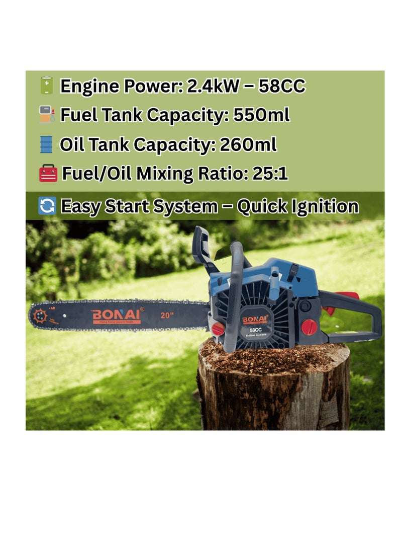 BONAI 58CC Gasoline Chainsaw, 20-Inch Bar, 2.4kW 2-Stroke Engine, Easy Start, Low Kickback, Heavy Duty Petrol Chainsaw for Tree Cutting, Firewood & Logging - Image 4