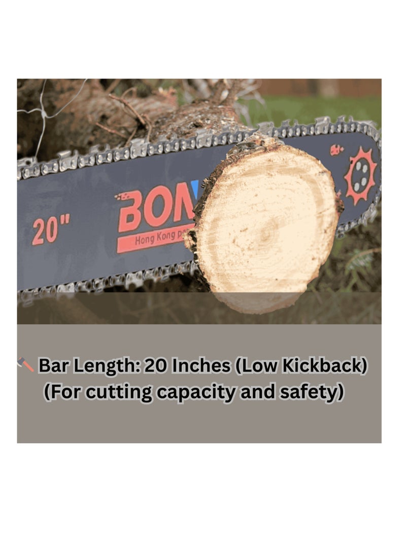 BONAI 58CC Gasoline Chainsaw, 20-Inch Bar, 2.4kW 2-Stroke Engine, Easy Start, Low Kickback, Heavy Duty Petrol Chainsaw for Tree Cutting, Firewood & Logging - Image 5