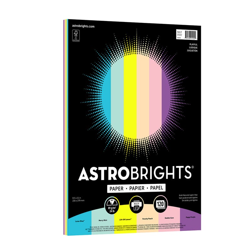 Astrobrights Colored Paper, 8.5" x 11", 24 lb/90 gsm, Playful 6-Color Assortment, 120 Sheets (91022) - Image 1