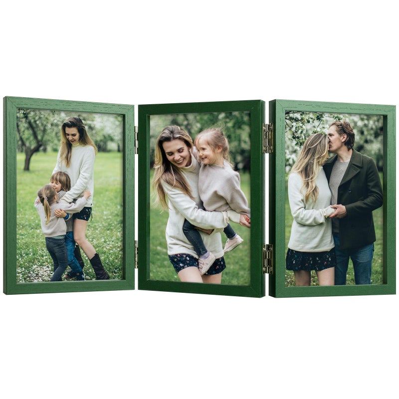Space Art Deco 4x6 Triple Hinged Frames  3 Folding Picture Frame  Triptych Photo Frame  Stand Vertically on Desktop or Tabletop  Green - Image 1