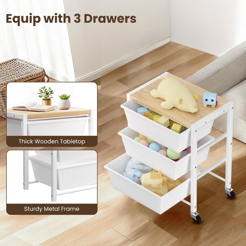 Time Forest Rolling Cart with 3 Drawers, Plastic Drawer Storage Carts with Lockable Wheels & Wooden Tabletop, Metal Utility Cart Organizer, Office Bedroom Classroom Craft Organization and Storage, Bright White - Image 5