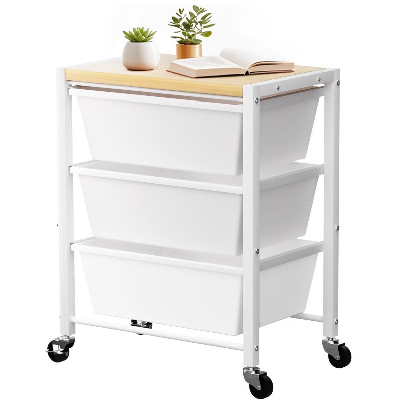 Time Forest Rolling Cart with 3 Drawers, Plastic Drawer Storage Carts with Lockable Wheels & Wooden Tabletop, Metal Utility Cart Organizer, Office Bedroom Classroom Craft Organization and Storage, Bright White - Image 1