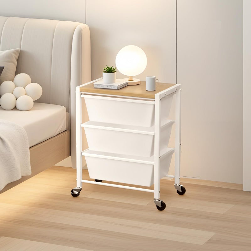 Time Forest Rolling Cart with 3 Drawers, Plastic Drawer Storage Carts with Lockable Wheels & Wooden Tabletop, Metal Utility Cart Organizer, Office Bedroom Classroom Craft Organization and Storage, Bright White - Image 2