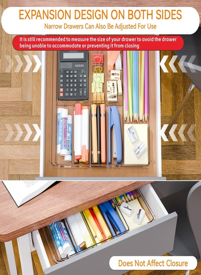 صينية تنظيم أدراج مكتب قابلة للتوسيع من Yieach، منظم أدراج بارتفاع 1.8 بوصة للمطبخ، منظمات أدراج مكتبية شفافة ضحلة مع 10 أقسام للأقلام الرصاص والأقلام الجافة واللوازم المكتبية والملحقات - Image 4