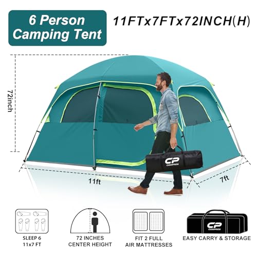 CAMPROS CP Tent-6-Person-Camping-Tents, Waterproof Windproof Family Tent with Top Rainfly, 4 Large Mesh Windows, Double Layer, Easy Set Up, Portable with Carry Bag (Tea Blue) - Image 2