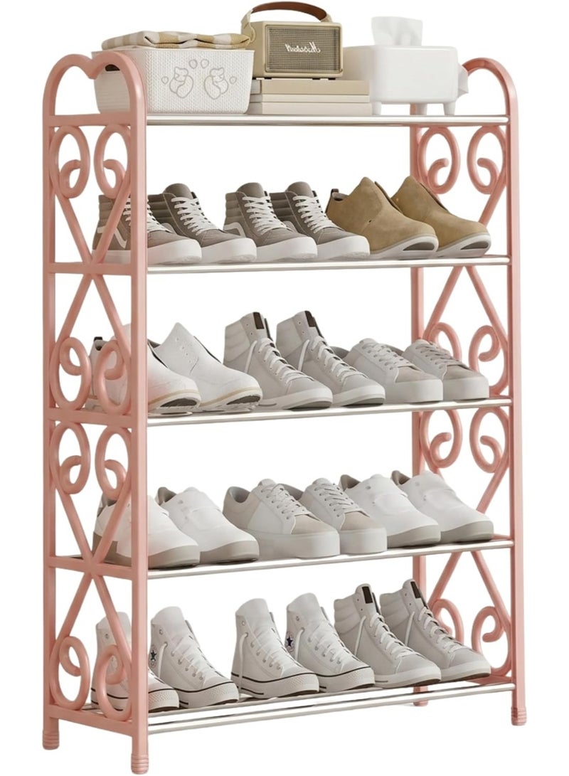 خزانة أحذية من 5 طبقات مع إطار - منظم رفوف أحذية من أنابيب فولاذية متينة 70 × 58 × 19 سم، رف تخزين رفيع للمدخل، الردهة، غرفة المعيشة، والخزانة - (وردي) - Image 1