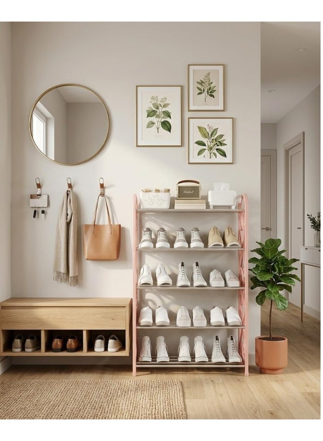 خزانة أحذية من 5 طبقات مع إطار - منظم رفوف أحذية من أنابيب فولاذية متينة 70 × 58 × 19 سم، رف تخزين رفيع للمدخل، الردهة، غرفة المعيشة، والخزانة - (وردي) - Image 2