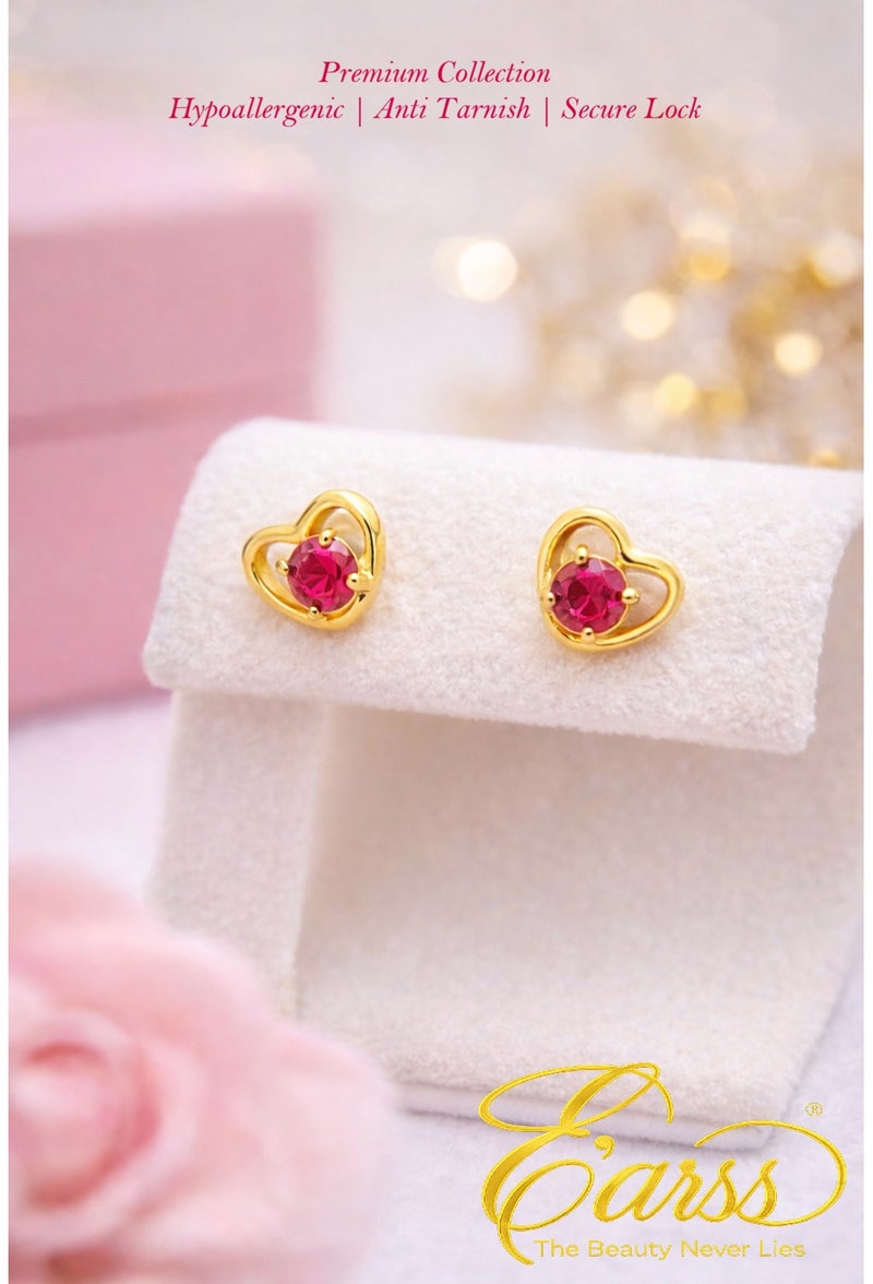 Earss 5mm Heart Stud Earrings Gold Plated with Reddish Pink Zircon – Small Hypoallergenic Push Back / Ball Lock Earrings for Women, Girls & Kids - Image 3