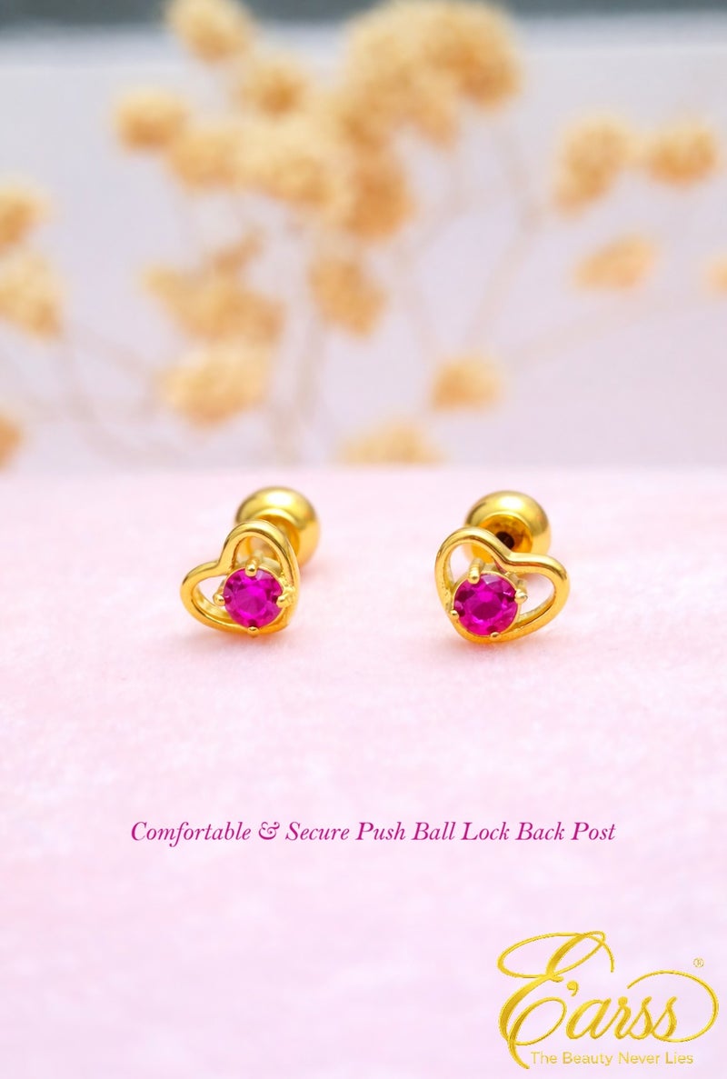 Earss 5mm Heart Stud Earrings Gold Plated with Reddish Pink Zircon – Small Hypoallergenic Push Back / Ball Lock Earrings for Women, Girls & Kids - Image 5