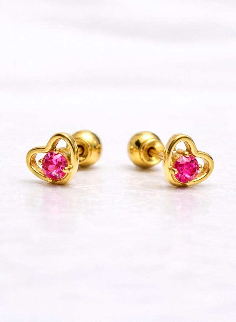 Earss 5mm Heart Stud Earrings Gold Plated with Reddish Pink Zircon – Small Hypoallergenic Push Back / Ball Lock Earrings for Women, Girls & Kids - Image 1
