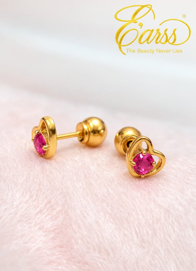 Earss 5mm Heart Stud Earrings Gold Plated with Reddish Pink Zircon – Small Hypoallergenic Push Back / Ball Lock Earrings for Women, Girls & Kids - Image 2