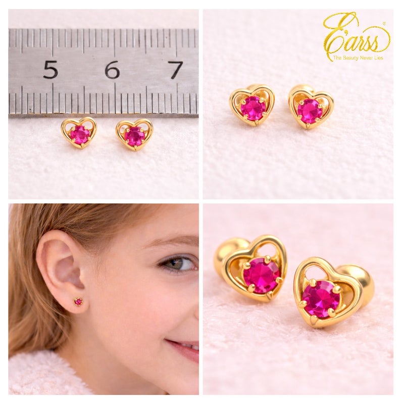 Earss 5mm Heart Stud Earrings Gold Plated with Reddish Pink Zircon – Small Hypoallergenic Push Back / Ball Lock Earrings for Women, Girls & Kids - Image 4