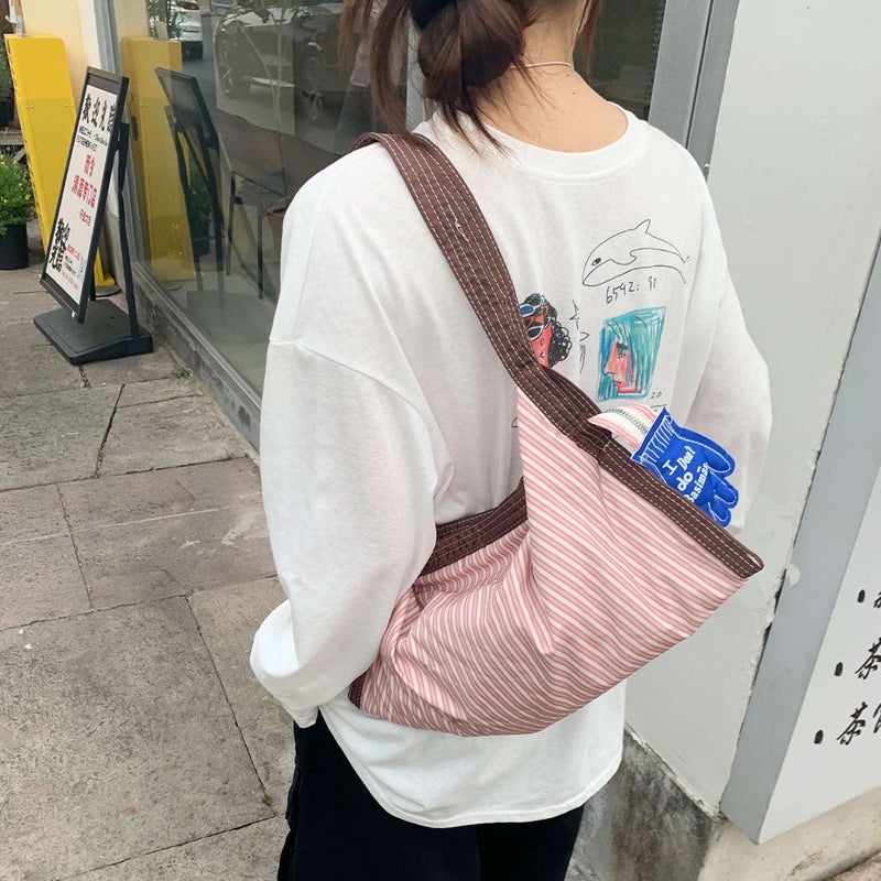 Korean Style Striped Canvas Shoulder Bag - Image 4