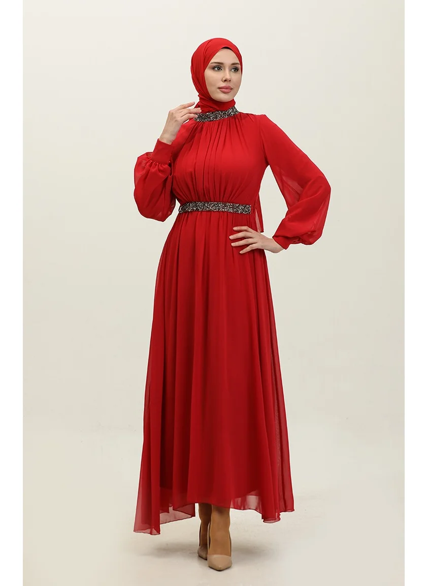 Sefa Merve Stone Pleated Evening Dress 5339A-03 Claret Red