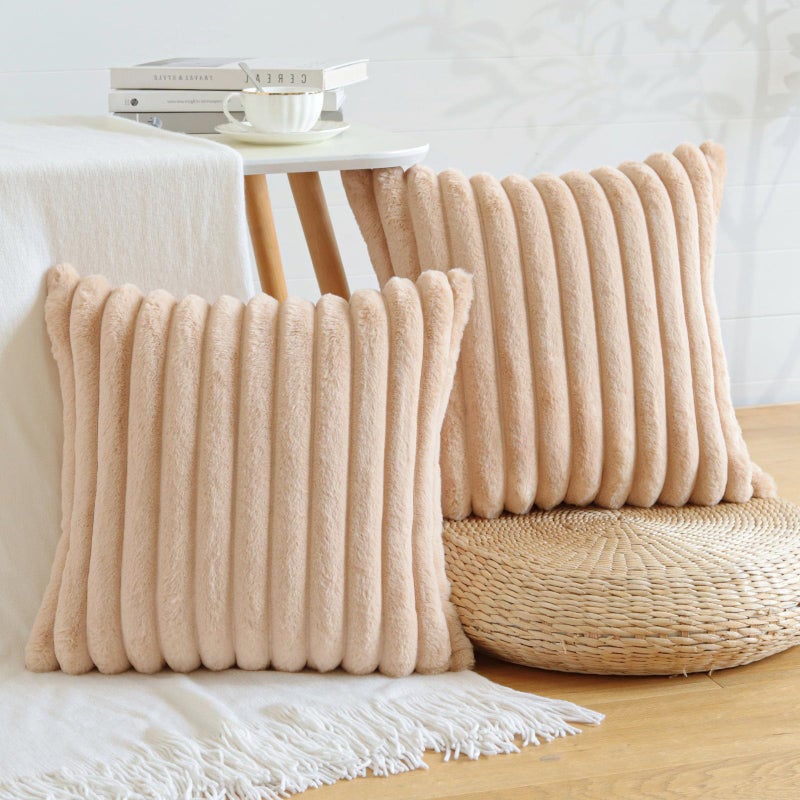 Soleebee Set of 2 Throw Pillow Covers Soft Cozy Velvet Pillowcase Faux Rabbit Fur Cover for Couch Sofa Bed Chair Home Decorative Pillows Cover (18x18 Inch  Camel) - Image 1