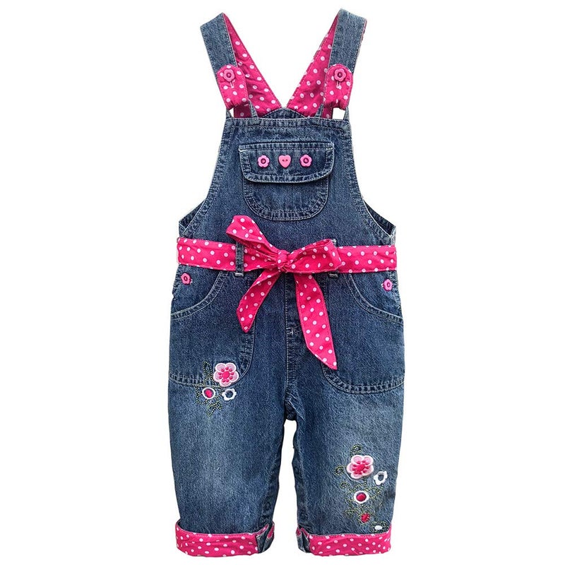 Peacolate 3months-3Years Baby Girls Denim Overalls Embroidery Bib Pants Jeans Jumpsuit(6-9Month,Rose Red) - Image 1