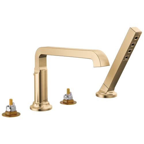 Delta Tetra Roman Tub Faucet with Hand Shower Brushed Gold Deck Mount Bathtub Faucet Lumicoat Champagne Bronze T4789CZPRLHP Valve and Handles Not Included - Image 1