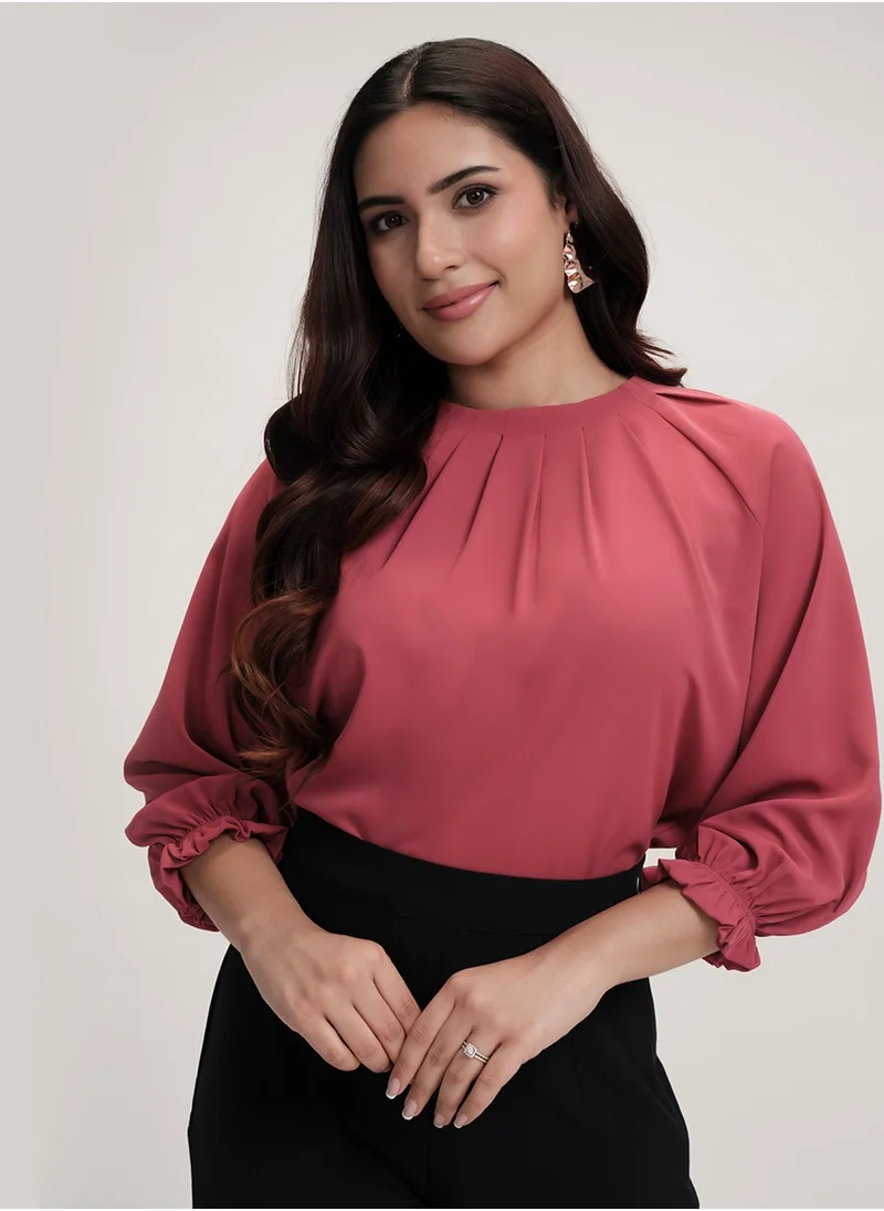 Zigzag Neck Detailed Chiiffon Long Sleeve Pink Top