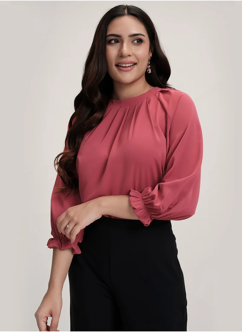 Zigzag Neck Detailed Chiiffon Long Sleeve Pink Top