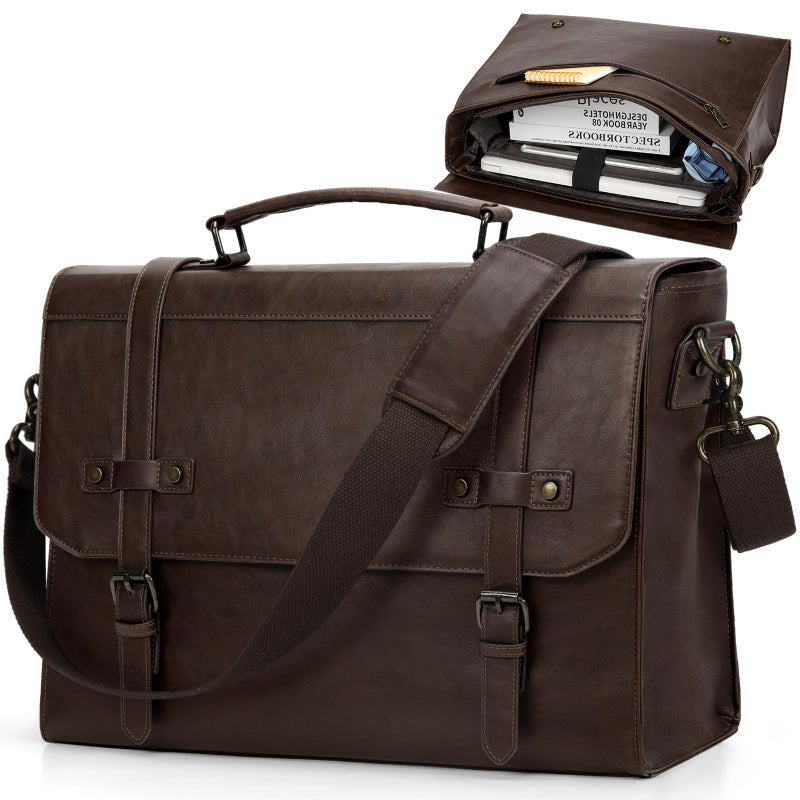 RAINSMORE Mens Messenger Bag 17 Inch Waterproof Vintage Leather Laptop Briefcase Large Laptop Bag Satchel Bag Computer Shoulder Bag for Office Business Travel College,Brown - Image 1