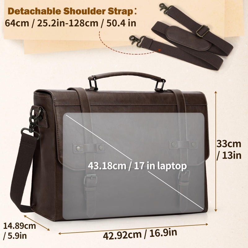 RAINSMORE Mens Messenger Bag 17 Inch Waterproof Vintage Leather Laptop Briefcase Large Laptop Bag Satchel Bag Computer Shoulder Bag for Office Business Travel College,Brown - Image 3