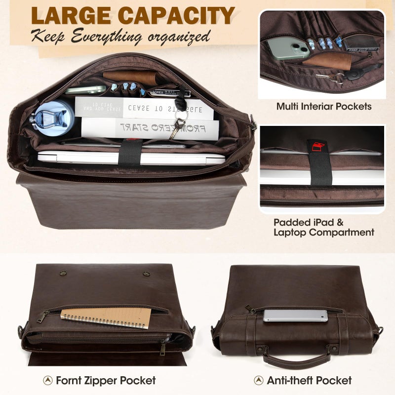 RAINSMORE Mens Messenger Bag 17 Inch Waterproof Vintage Leather Laptop Briefcase Large Laptop Bag Satchel Bag Computer Shoulder Bag for Office Business Travel College,Brown - Image 4