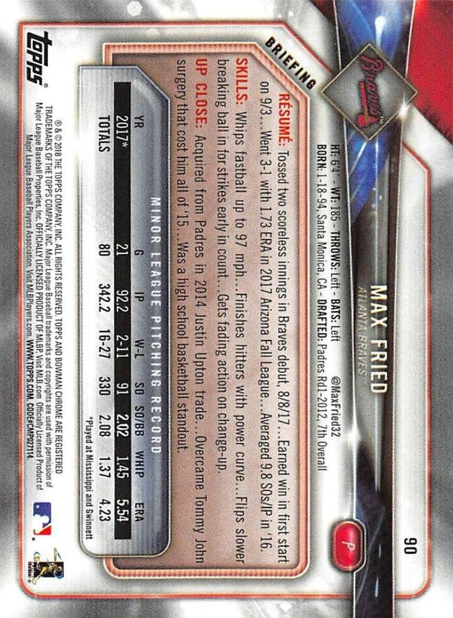 Bowman Chrome 2018 Bowman #90 Max Fried RC Rookie Atlanta Braves Baseball Card - Image 2