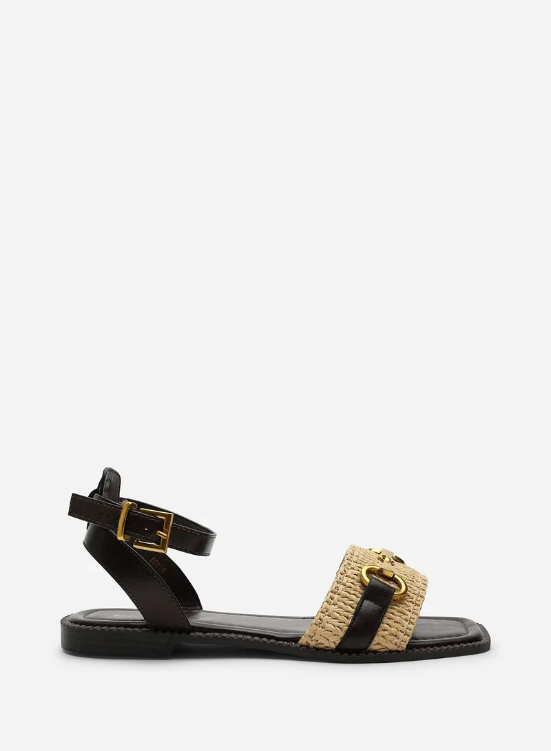 Where's That From Catelyn PU Straw Detail Strap Sandals with Buckle Closure in Dark Brown Faux Leather