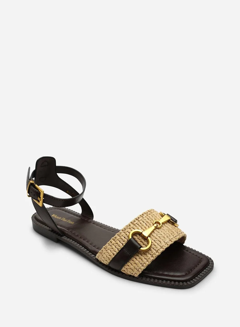 Where's That From Catelyn PU Straw Detail Strap Sandals with Buckle Closure in Dark Brown Faux Leather