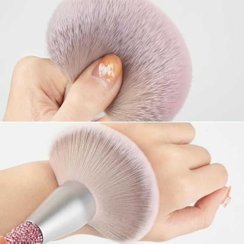 Makeup large Brush Powder Brush Foundation Blush Bronzer Contour Face Blender Professional Mineral Blending Buffing Thick and Dense Soft Synthetic Fibers -dark pink glitterhand - Image 3