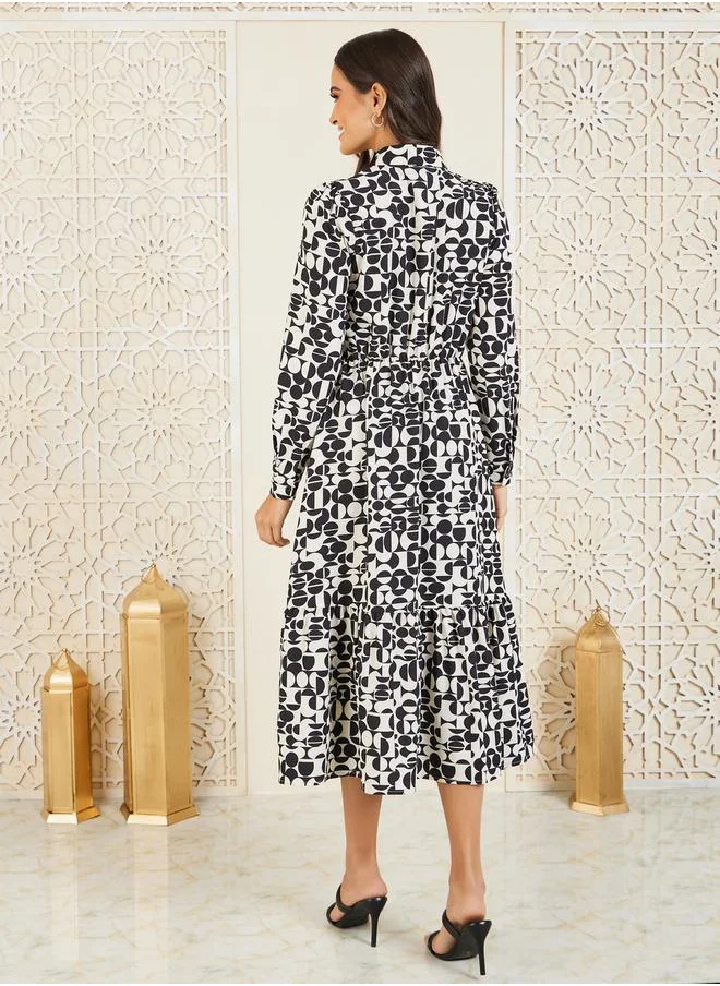 ستايلي Geometric Print Tiered Shirt Midi Dress