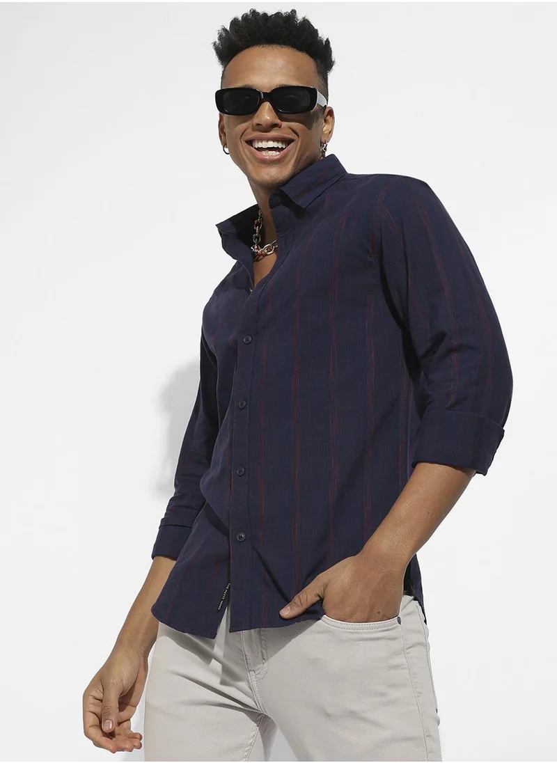 Campus Sutra Campus Sutra Men's Navy Blue & Red Ombre Striped Shirt For Casual Wear | Spread Collar | Long Sleeve | Button Closure | Cotton Shirt Crafted With Comfort Fit For Everyday Wear