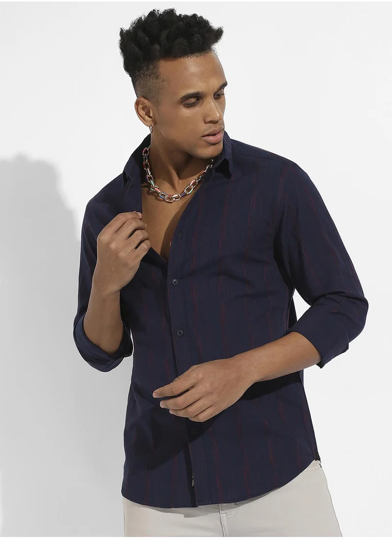 Campus Sutra Campus Sutra Men's Navy Blue & Red Ombre Striped Shirt For Casual Wear | Spread Collar | Long Sleeve | Button Closure | Cotton Shirt Crafted With Comfort Fit For Everyday Wear