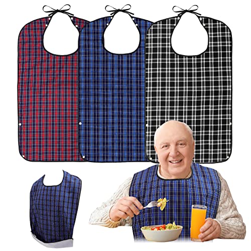 Roylvan Adult Bibs, 3 Pcs Washable Clothing Protector with Crumb Catcher for Eating, Reusable Waterproof Large Feeding Adult Bibs for Men Women Elderly Senior, Black/Red/Blue - Image 1
