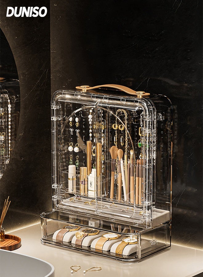 DUNISO Portable Cosmetic storage box，Makeup Organizer for Vanity with Handle，Dustproof Large Capacity Skincare Organizers with Drawer，for Countertop, Bathroom, Dresser - Image 1