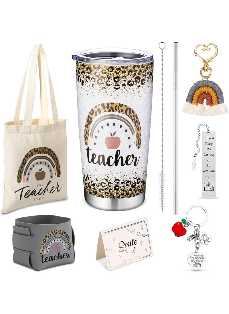 Nuenen Nuenen 7 Pcs Teacher Gift for Women Teacher Appreciation Gift Rainbow Basket Include Tumbler Tote Bag Leather Bucket Card Key Chain Bookmarks for Teacher Appreciation Week Thank You Christmas Gift  - Image 1
