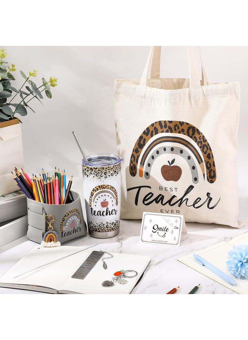Nuenen Nuenen 7 Pcs Teacher Gift for Women Teacher Appreciation Gift Rainbow Basket Include Tumbler Tote Bag Leather Bucket Card Key Chain Bookmarks for Teacher Appreciation Week Thank You Christmas Gift  - Image 4