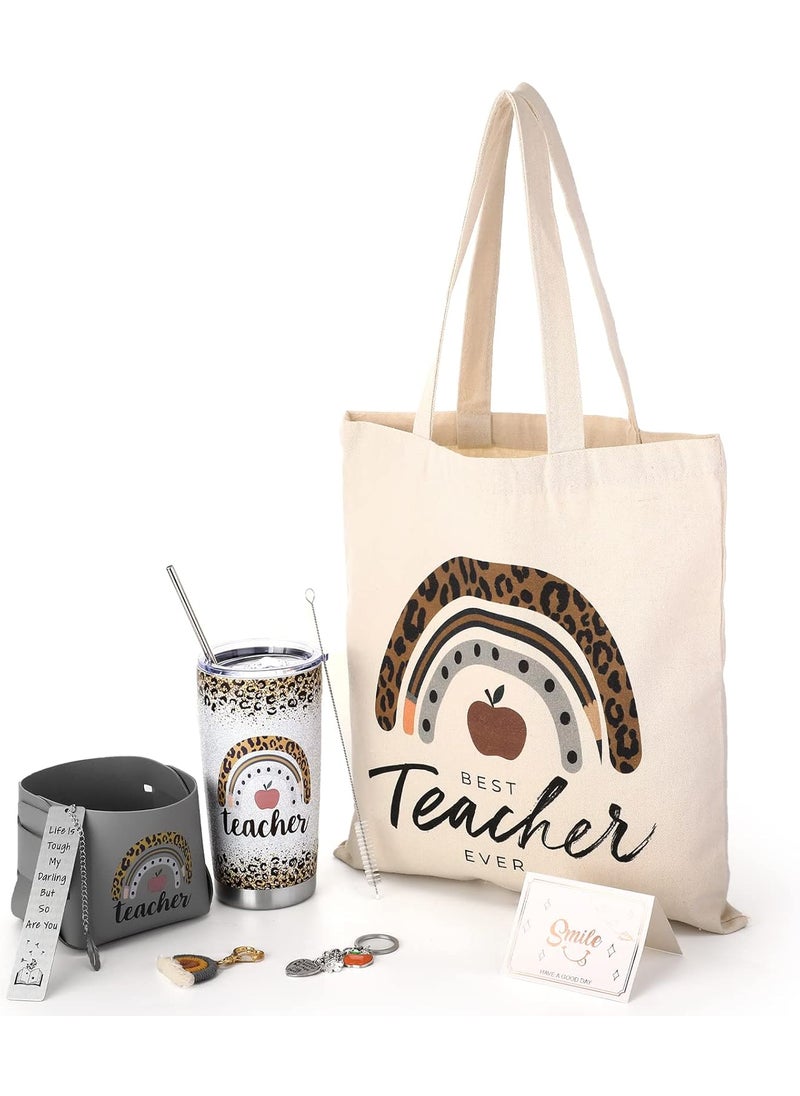 Nuenen Nuenen 7 Pcs Teacher Gift for Women Teacher Appreciation Gift Rainbow Basket Include Tumbler Tote Bag Leather Bucket Card Key Chain Bookmarks for Teacher Appreciation Week Thank You Christmas Gift  - Image 5