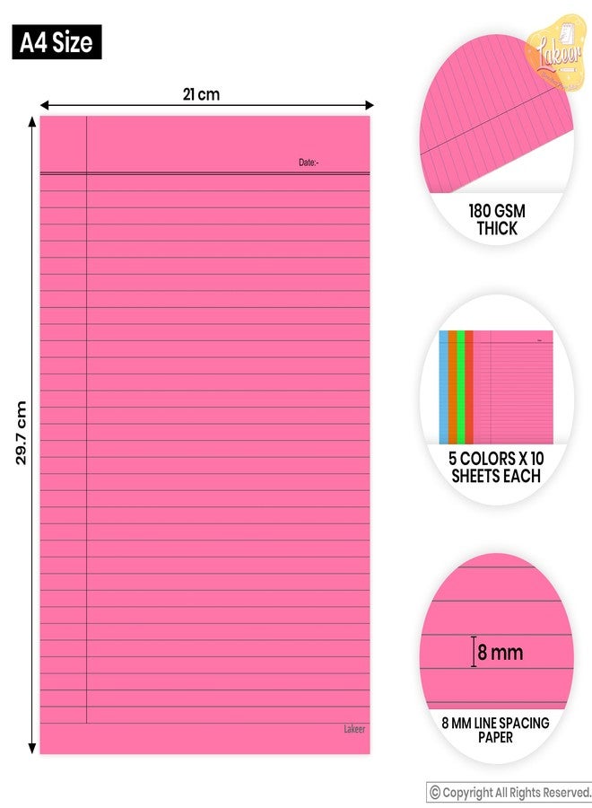 Lakeer A4 Single Side Ruled Paper, 180 GSM, 5 Colours, Pack of 50 Sheets, Ideal for Projects, Assignments, Practicals, and Homework - Image 2