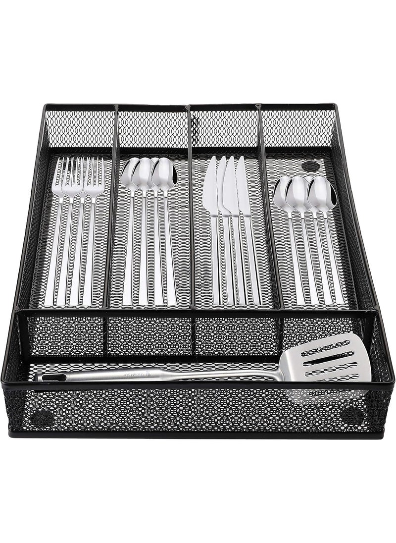 Cedilis Cedilis Cutlery Tray 5 Compartments Flatware Organizers Metal Kitchen Utensil Drawer Silverware Tray The Mesh Collection for Knives Spoons Forks with 4 Foam Feet Black  - Image 1