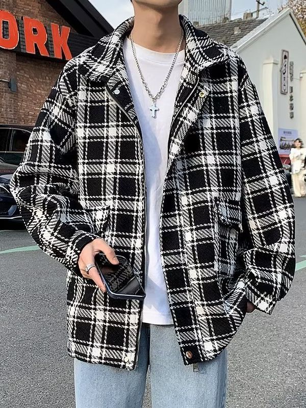 Plaid Coat mens autumn new casual mens mens jacket Spring and Autumn Winter Hong Kong style trendy handsome mens jacket White - Image 5