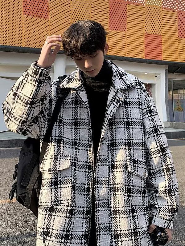 Plaid Coat mens autumn new casual mens mens jacket Spring and Autumn Winter Hong Kong style trendy handsome mens jacket White - Image 3