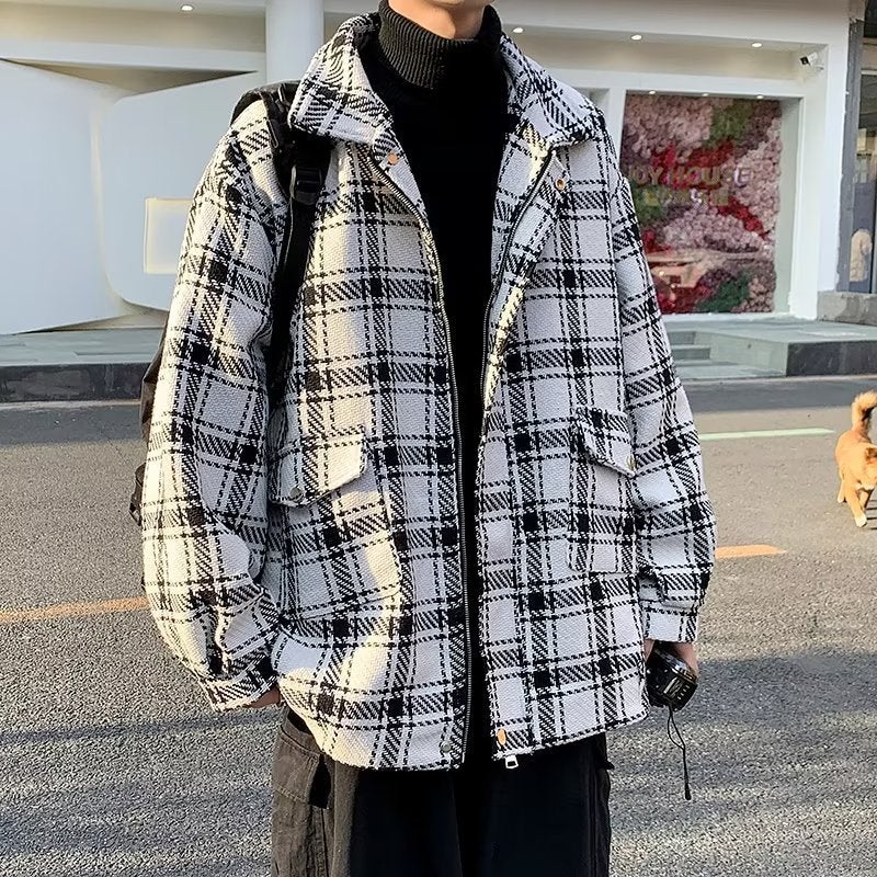 Plaid Coat mens autumn new casual mens mens jacket Spring and Autumn Winter Hong Kong style trendy handsome mens jacket White - Image 1