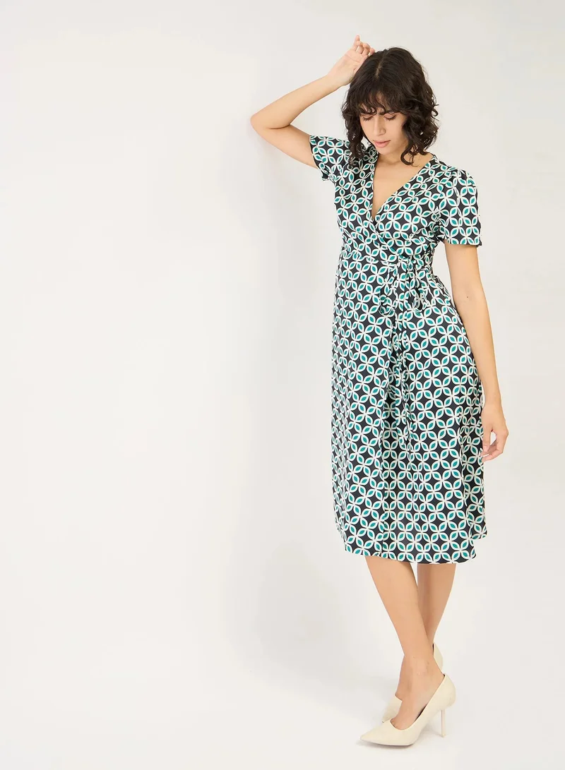 سولت اتاير Women's  Stylish Midi Dress Featuring a Bold Geometric Pattern, Elegant V Neckline, and Trendy Side Wrap Tie-Up - Perfect for Effortless Style and Versatile Occasions