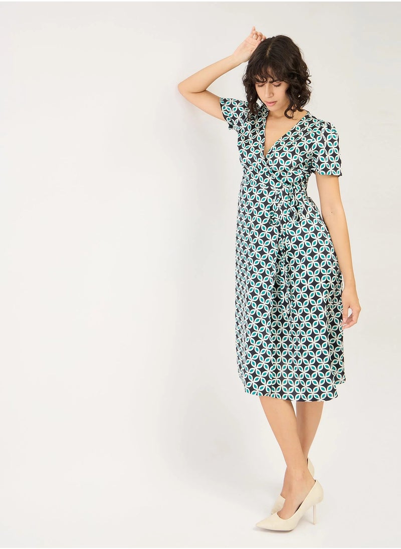 Salt Attire Women's  Stylish Midi Dress Featuring a Bold Geometric Pattern, Elegant V Neckline, and Trendy Side Wrap Tie-Up - Perfect for Effortless Style and Versatile Occasions  - Image 1